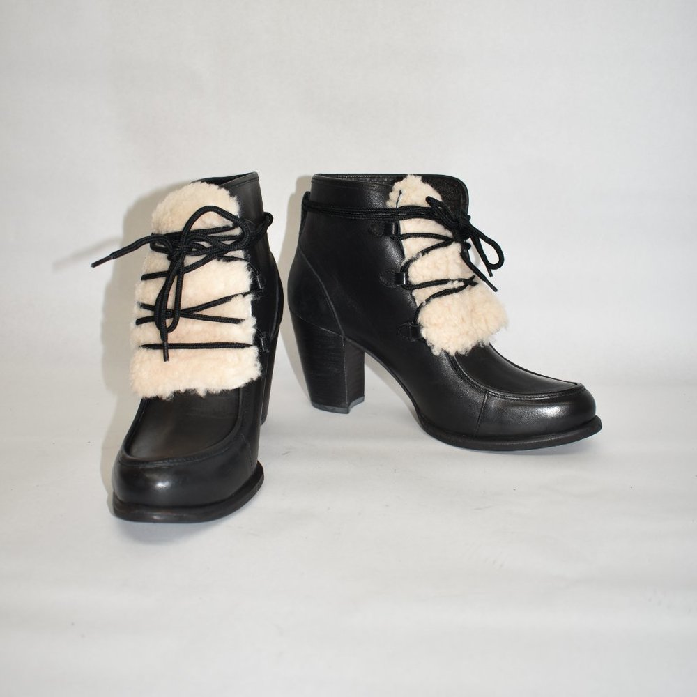 $240 UGG Analise Shearling FUR LEATHER BLACK BLOCK WINTER lace Bootie 7 (M5) - Picture 2 of 8